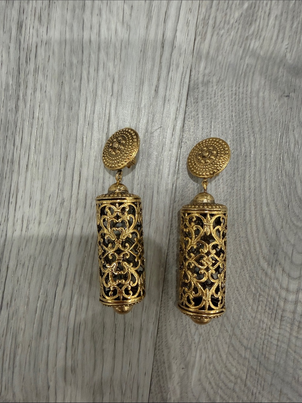 Gold Filigree Cylinder Drop Earrings - Women Jewelry
